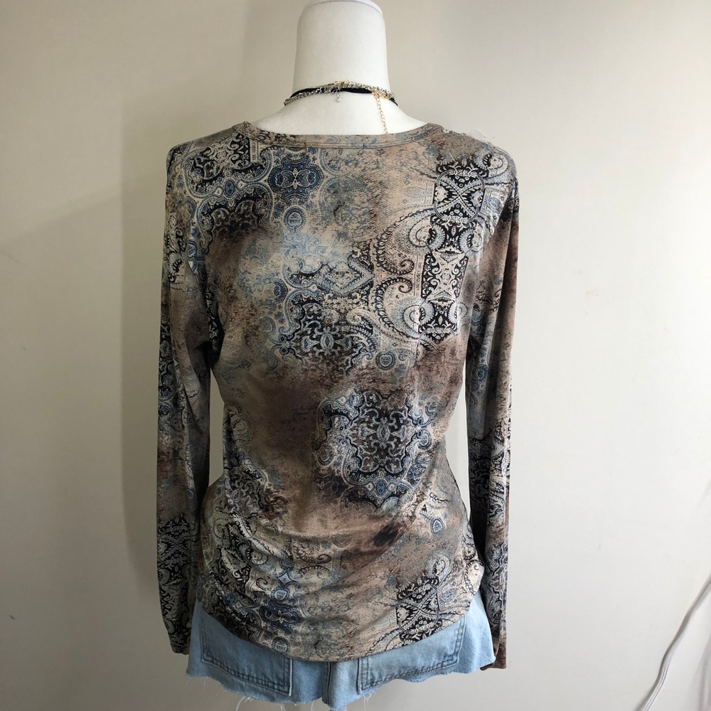 Vintage Y2K Tan Paisley V-Neck Long Sleeve Grunge Top Womens Large Fairy Boho - Picture 4 of 11